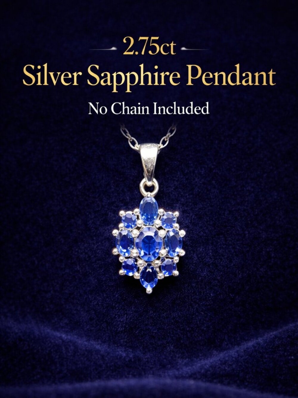 Silver Sapphire Pendant 2.75ct, Blue Sapphire Cluster Pendant